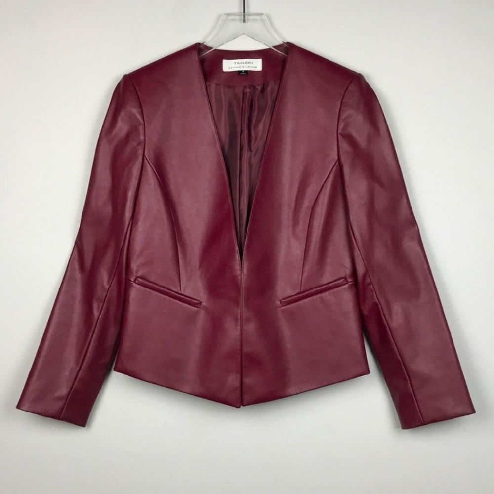 NEW Tahari Red Burgundy Faux Leather Blazer Suit Jacket Plus 14